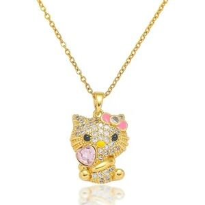18K Gold Plated Hello Kitty Pave Diamond Inlay Necklace Sanrio Character Kawaii